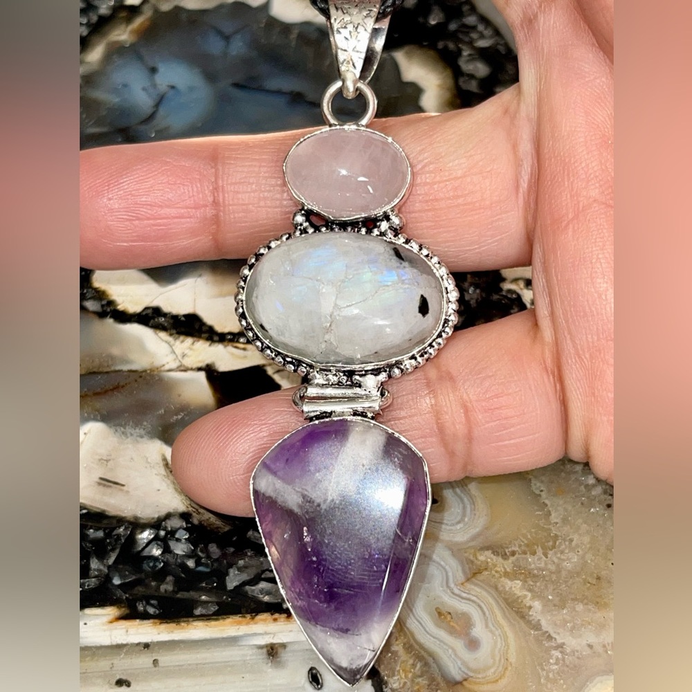 ❌SALE Crack Moonstone ❌ Rose Quartz, Amethyst Crystal Pendant 3 1/4” - Picture 9 of 17